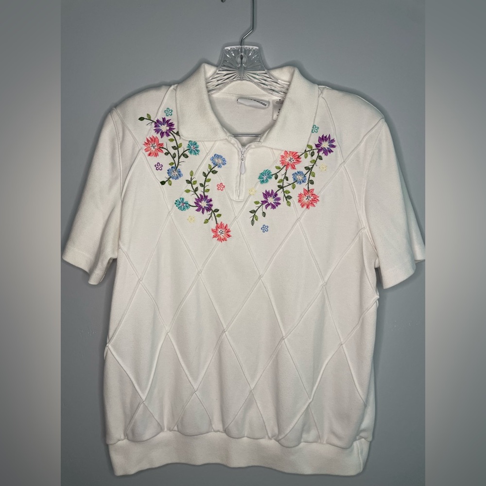 Alfred Dunner White Short-Sleeve Polo Sweater with Multi-Color Floral Embroidery